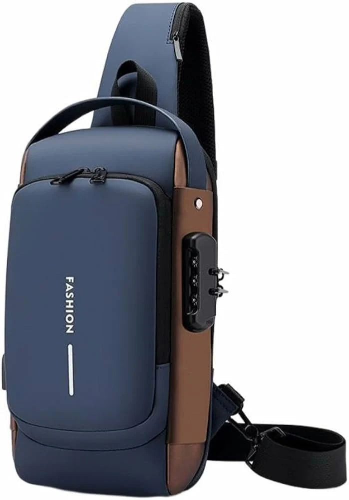 Blue & Brown | Multifunction Anti-Theft USB Charging Crossbody Shoulder Bag