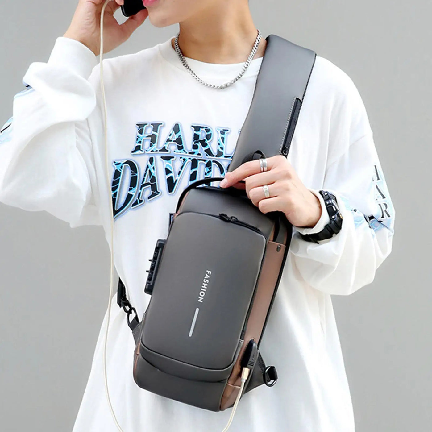 Blue & Brown | Multifunction Anti-Theft USB Charging Crossbody Shoulder Bag