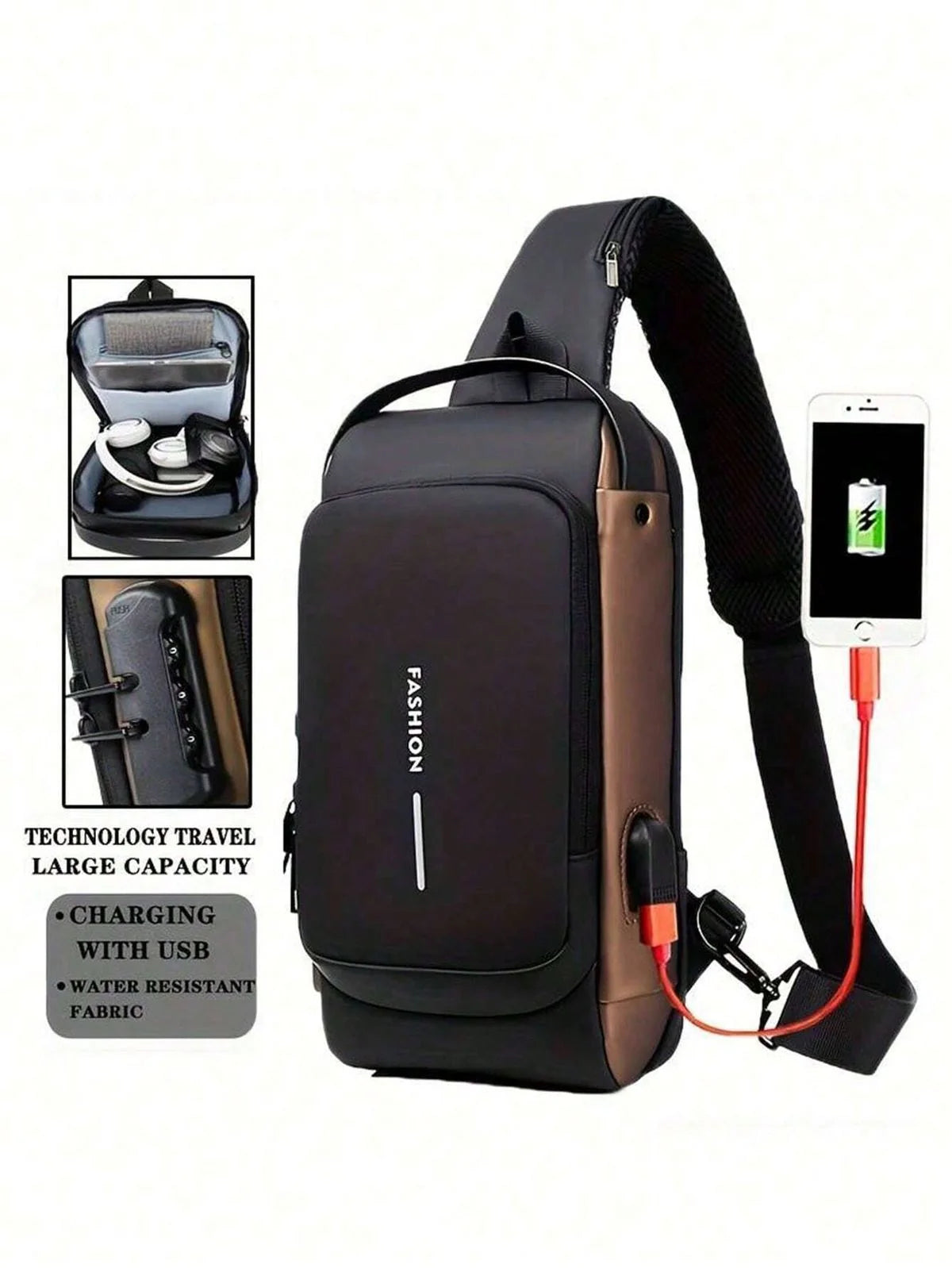 Blue & Brown | Multifunction Anti-Theft USB Charging Crossbody Shoulder Bag