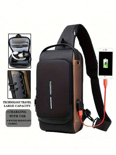 Blue & Brown | Multifunction Anti-Theft USB Charging Crossbody Shoulder Bag